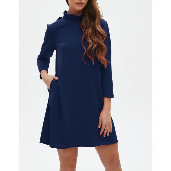 Women's Fall Bow Tie Dress Casual Mini Ruffle Mock Neck Long Sleeve Shift - Picture 3 of 6